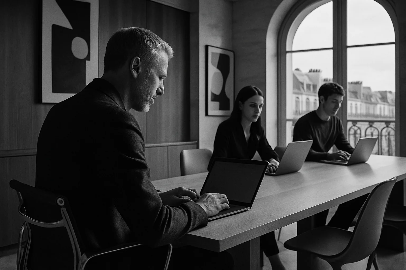 Le collectif HOLCO au travail, espace éditorial en noir et blanc