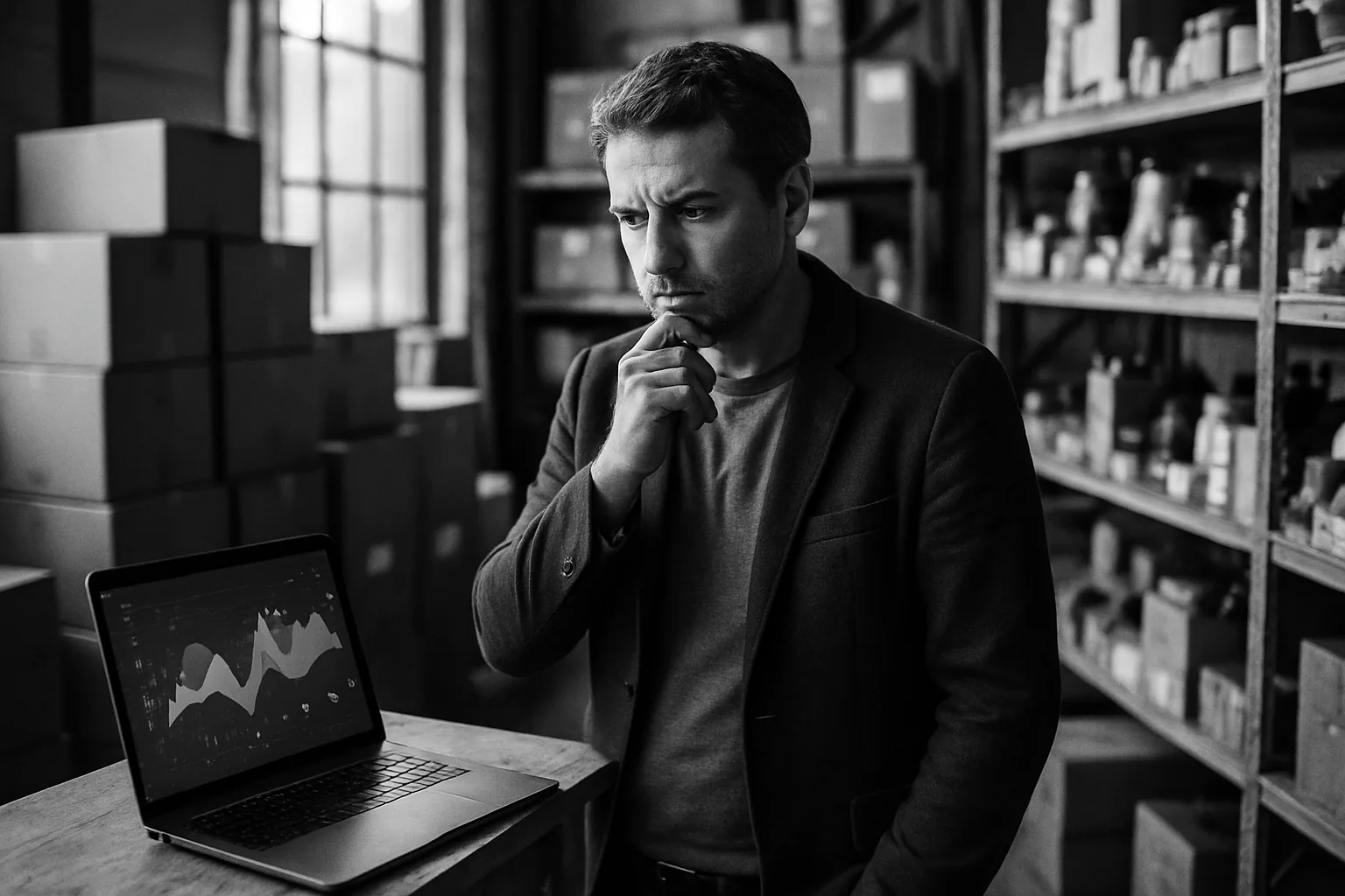 Dirigeant français dans son entrepôt, son laptop ouvert avec data viz, palette éditoriale noir/marron/gris et accents bleus. La décision se prend là où la donnée existe.