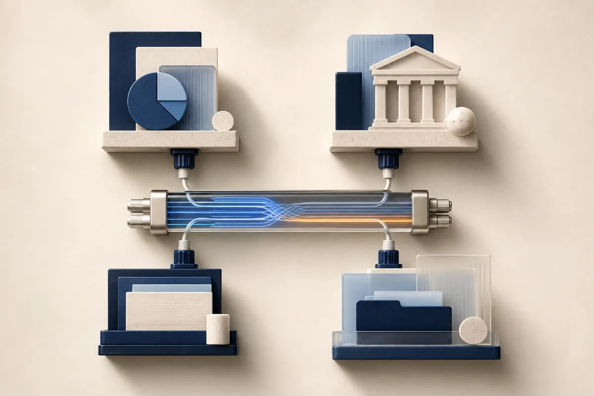 Quatre systèmes finance reliés par un connecteur de données commun